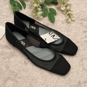 Zara New Black Mesh Ballet Flat Squared Toe Shoes
